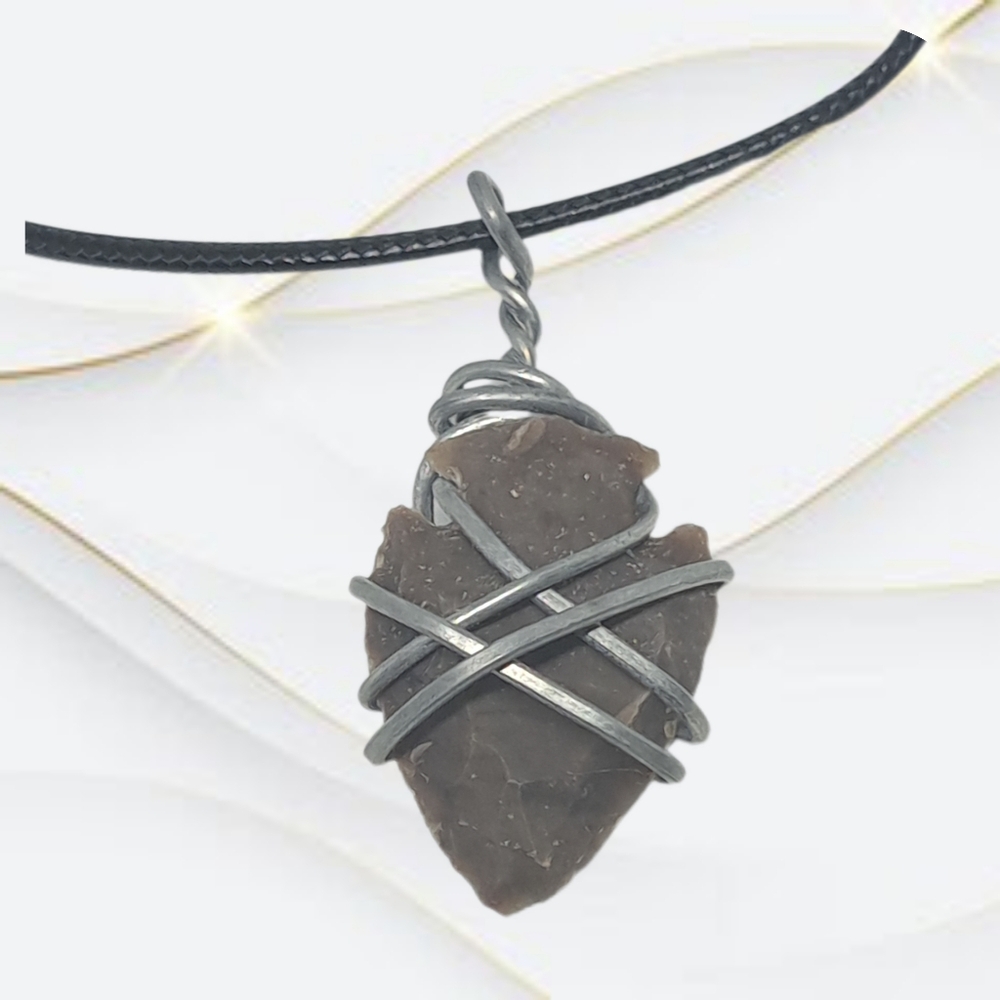 Elegant Brown Stone Arrowhead Pendant with Black Cord Necklace. NWOT